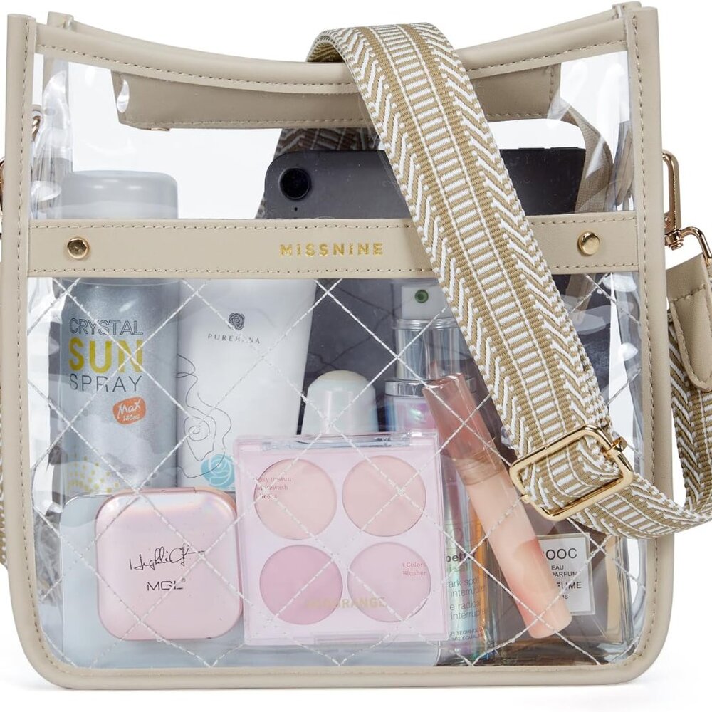 Large Capacity Clear Stadium Purse With Quilted Design & Gold Hardware - Women’s